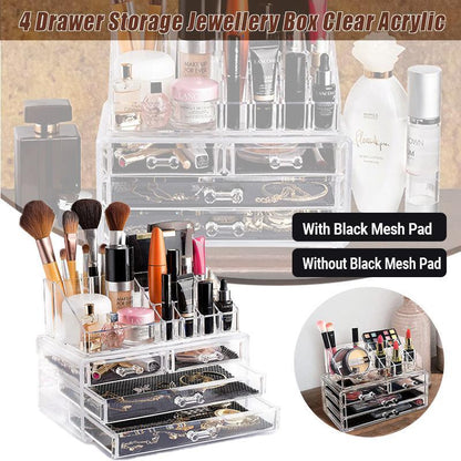 Holder Cosmetic Makeup Organiser 4 Drawer Storage Jewellery Box Clear Acrylic - With Black Mesh Pad