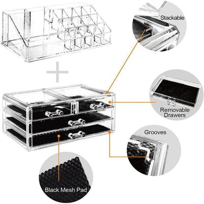 Holder Cosmetic Makeup Organiser 4 Drawer Storage Jewellery Box Clear Acrylic - With Black Mesh Pad