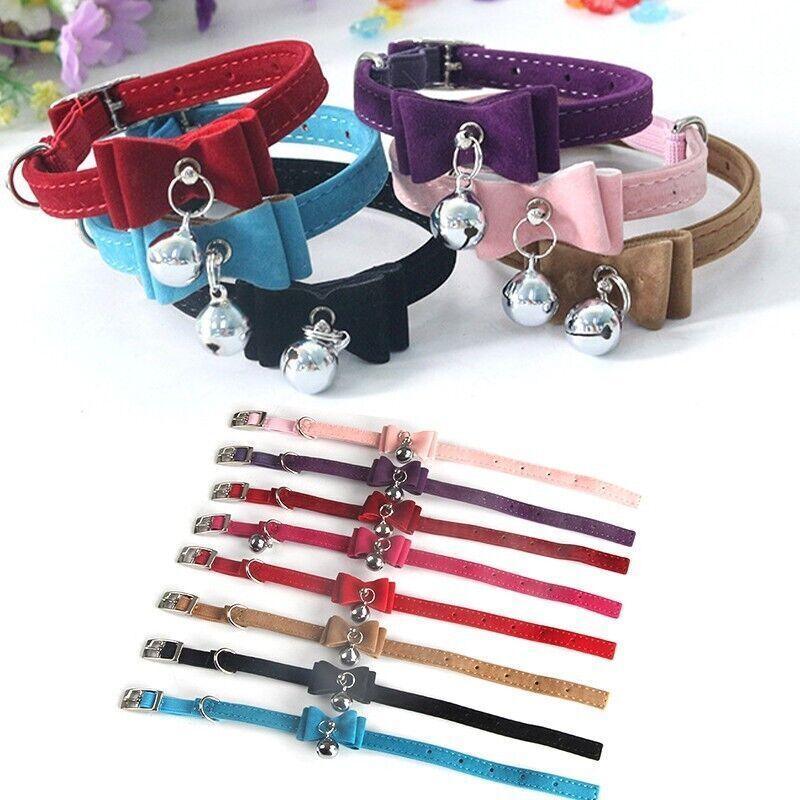 1× Adjustable Suede Cat Collar with Bow Bell Pink Blue Black Red - Blue
