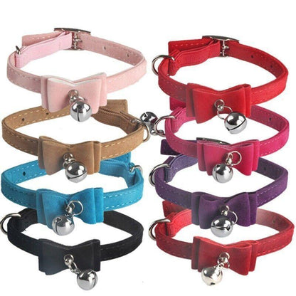 1× Adjustable Suede Cat Collar with Bow Bell Pink Blue Black Red - Brown