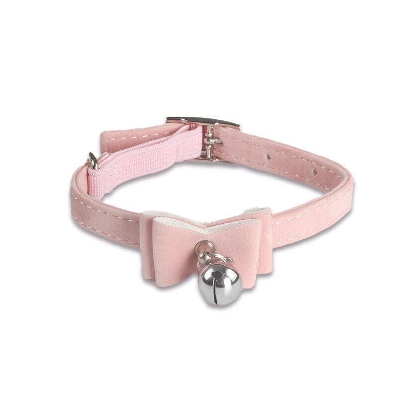 1× Adjustable Suede Cat Collar with Bow Bell Pink Blue Black Red - Pink