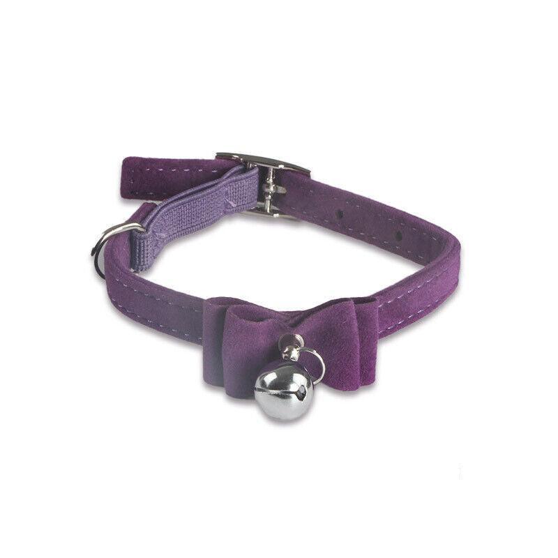 1× Adjustable Suede Cat Collar with Bow Bell Pink Blue Black Red - Pink