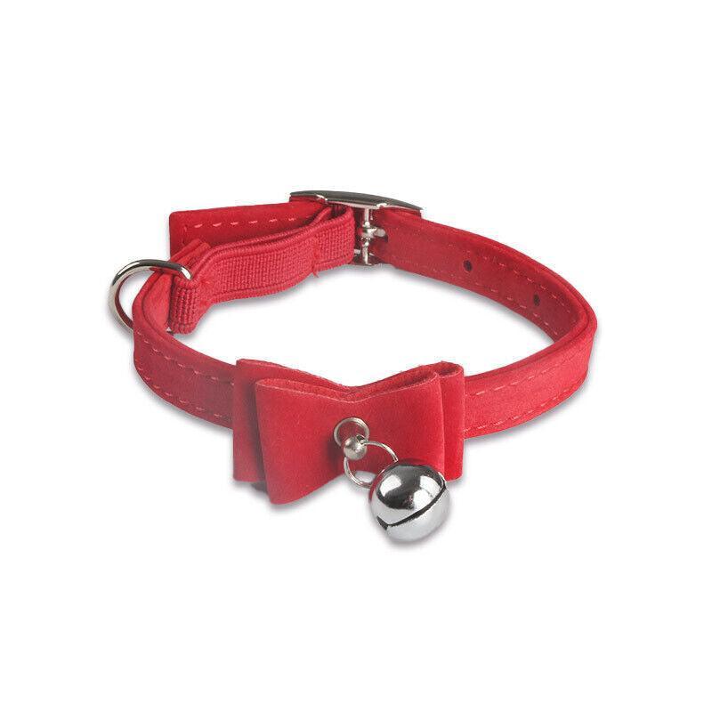 1× Adjustable Suede Cat Collar with Bow Bell Pink Blue Black Red - Pink
