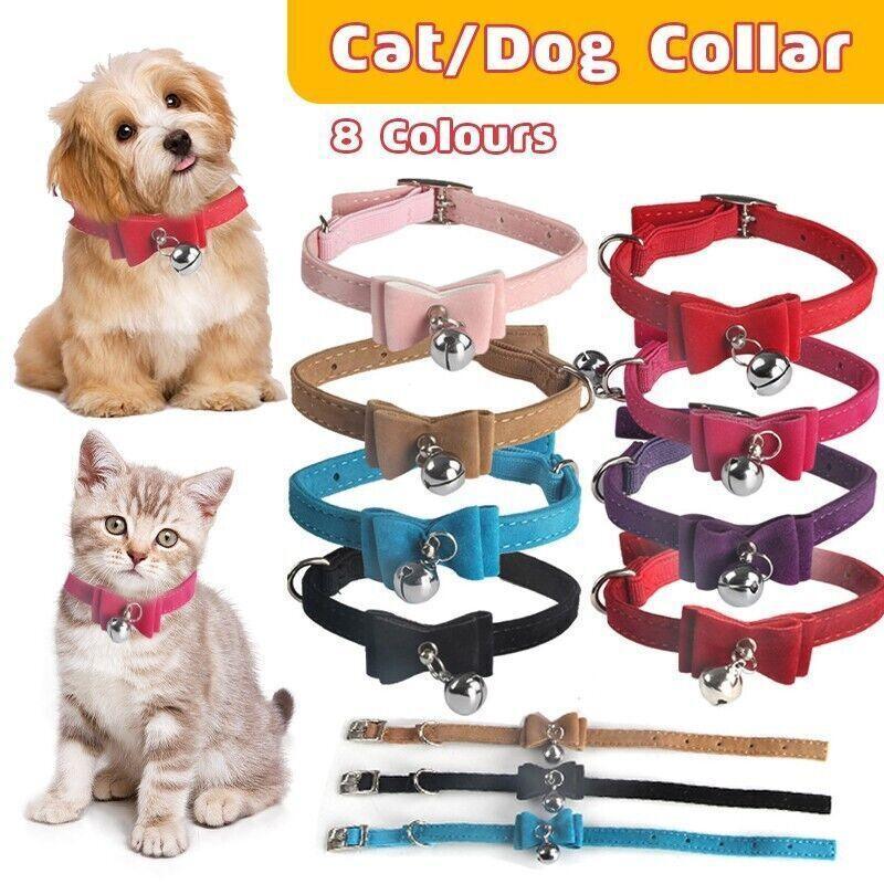 1× Adjustable Suede Cat Collar with Bow Bell Pink Blue Black Red - Purple