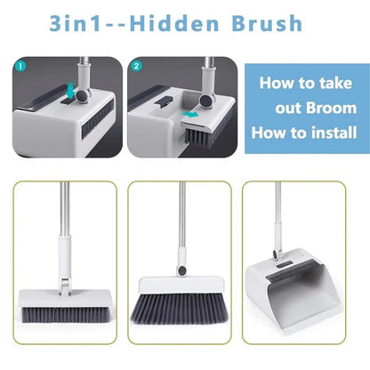 3 in1 Broom Set for Winnowing Brushing Handheld Cleaning Tool Home Kitchen Floor - Grey