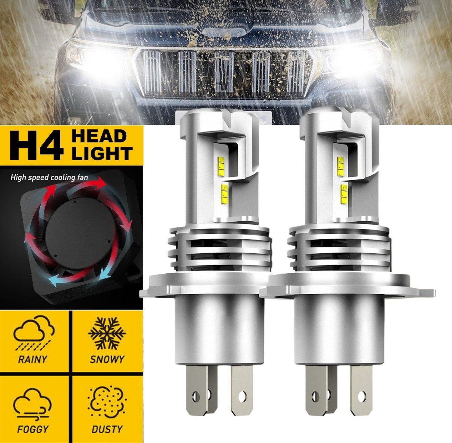 2 Pack H4 LED Headlight Bulbs 6000K White 9600LM High Low Beam Canbus Ready
