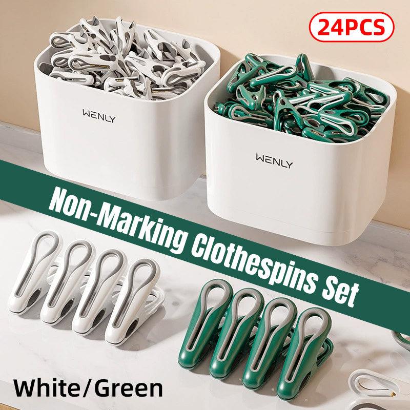 24pcs Clothes Pegs with Storage Basket Laundry Sock Clips Non Slip Drying Hanger - White