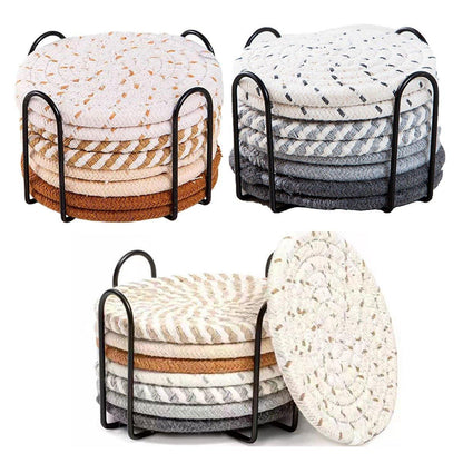 8PCS Round Cotton Woven Coaster Heat Resistant Thick Insulation Dining Table Mat - Brown
