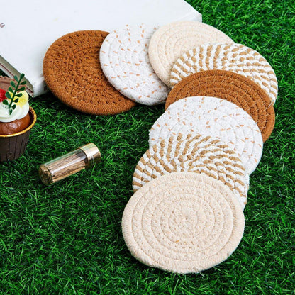 8PCS Round Cotton Woven Coaster Heat Resistant Thick Insulation Dining Table Mat - Brown