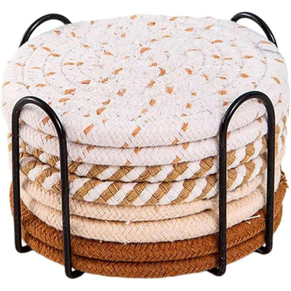 8PCS Round Cotton Woven Coaster Heat Resistant Thick Insulation Dining Table Mat - Brown