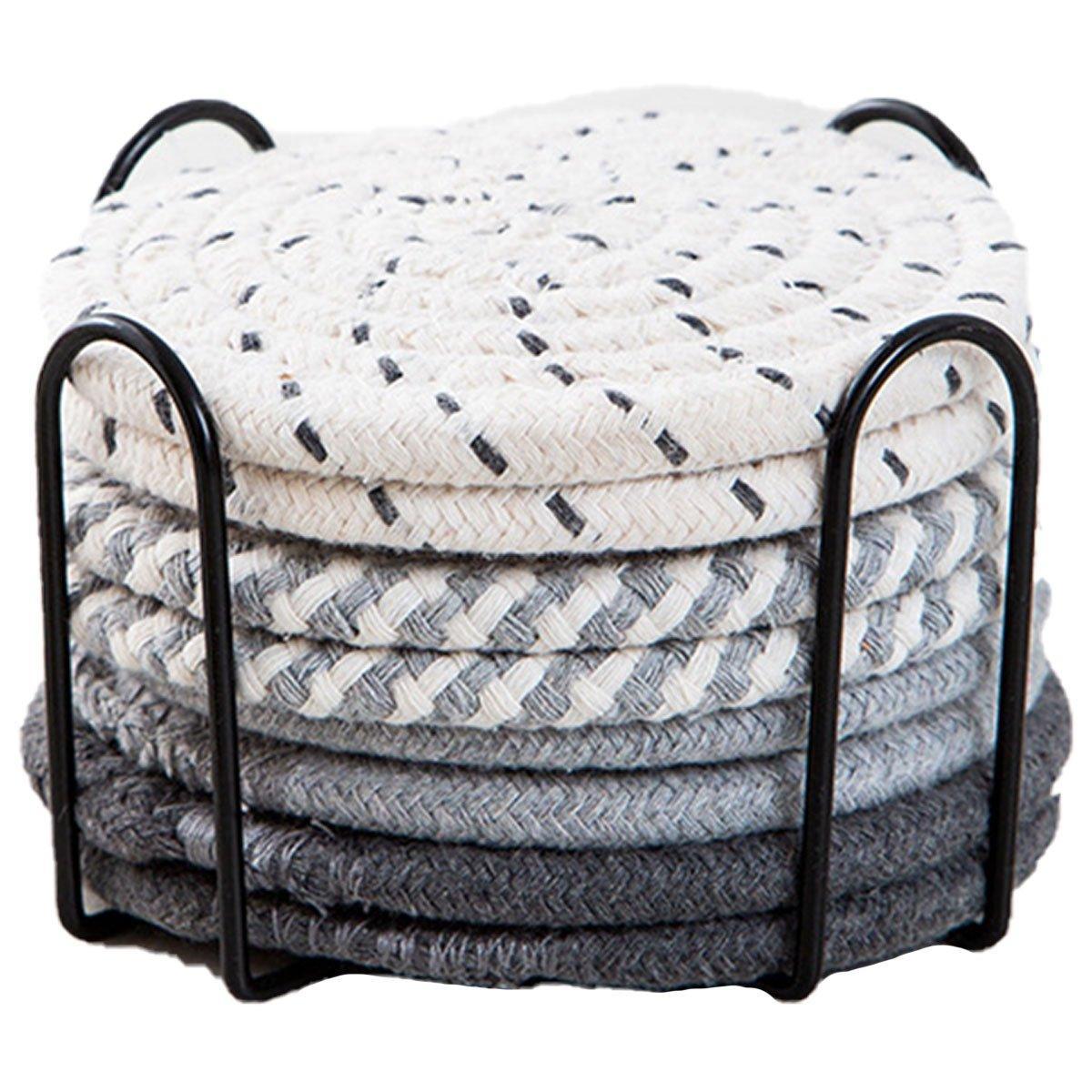 8PCS Round Cotton Woven Coaster Heat Resistant Thick Insulation Dining Table Mat - Grey