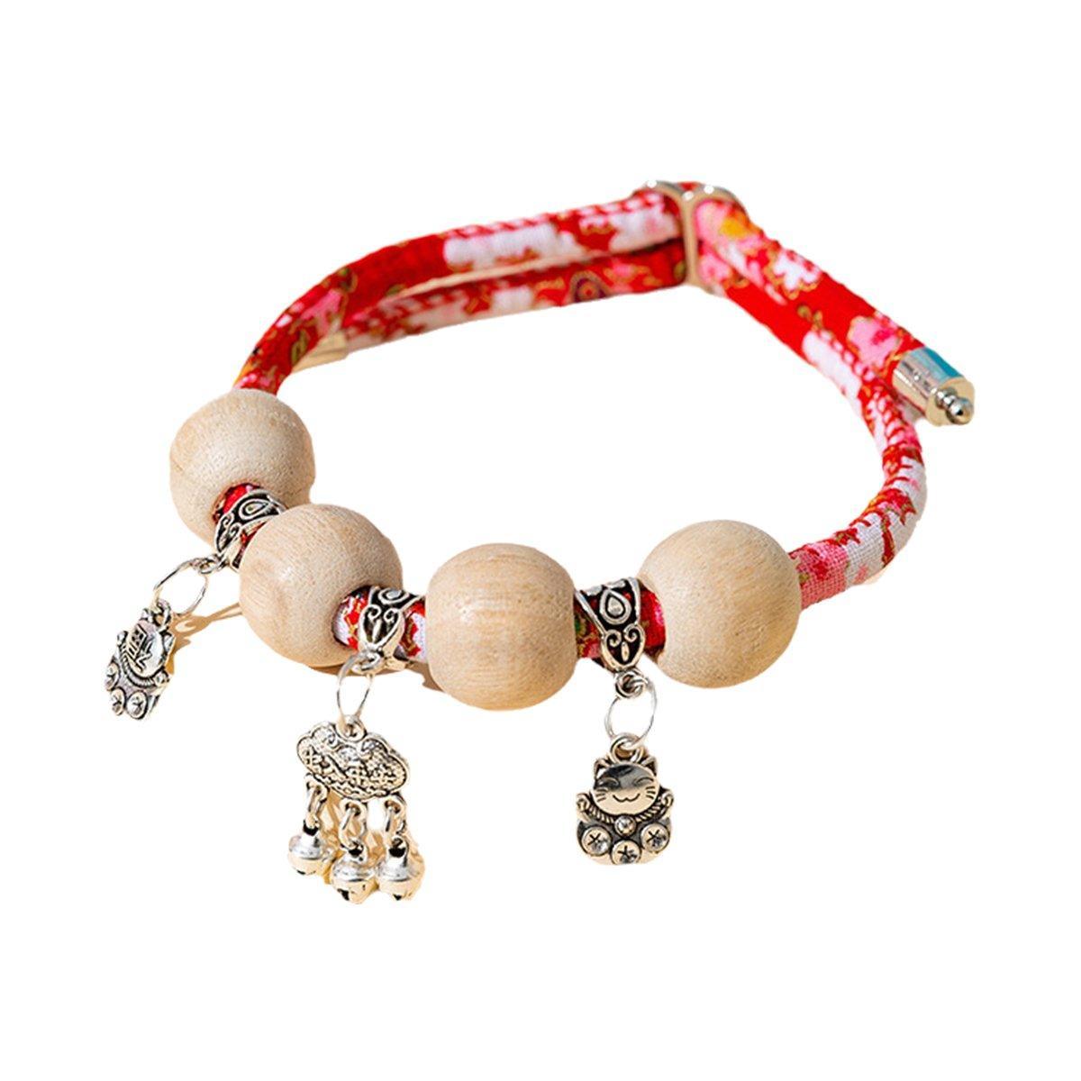 Camphor Wood Bead Collar with Bell Necklace for Cats and Dogs Pet Accessories - Red - Longevity Lock - Factory Direct Shop