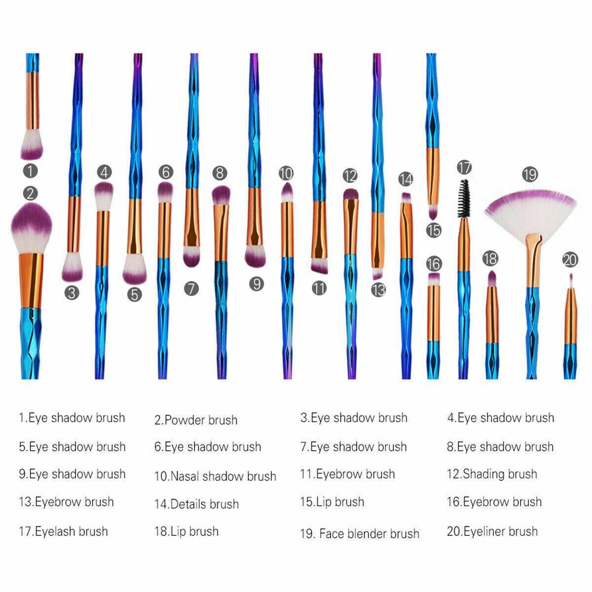 20 Pcs Eye Make-Up Brushes Diamond Unicorn Eyeshadow Eyebrow Blending Brush Set - Blue and Pink