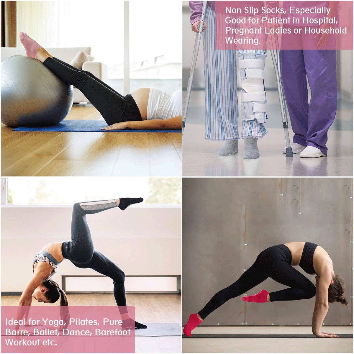 3 Pairs Ladies Women Sports Cotton Rich Pilates Yoga Non-Slip Grip Socks - Purple