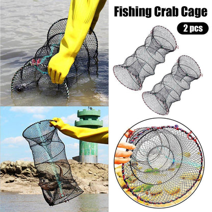 Fishing crab cage with a gloved hand, product packaging, and usage examples.