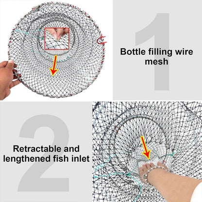 Bottle filling wire mesh and retractable fish inlet with text labels on a white background