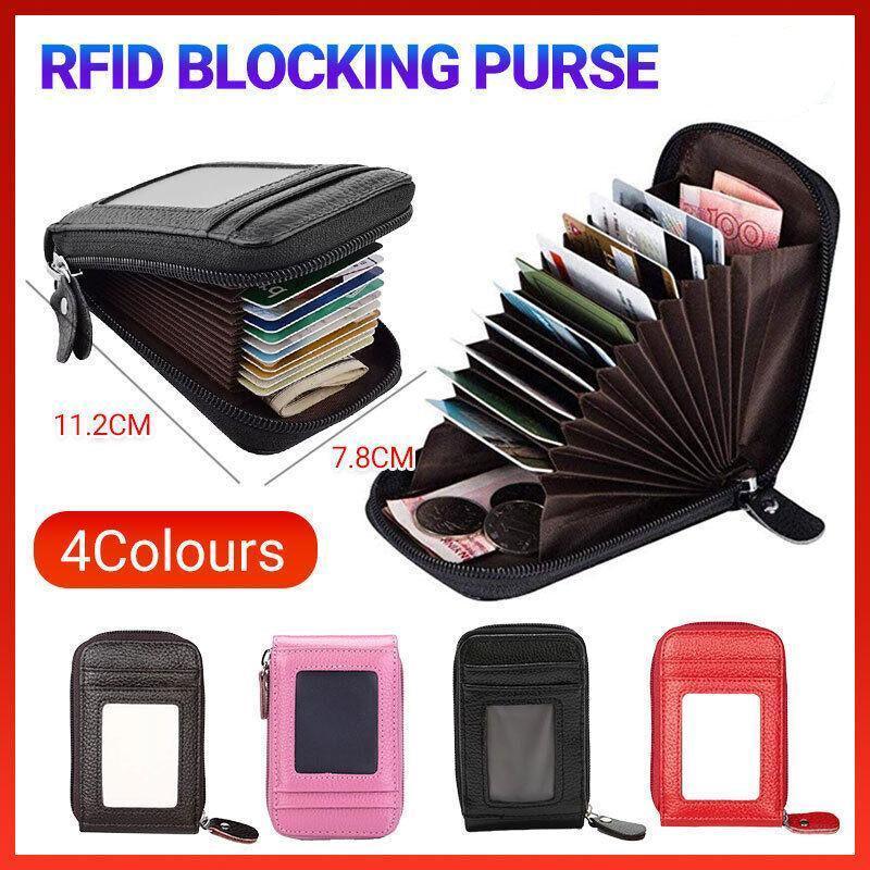 Rfid Blocking Leather Wallet Anti-Theft Credit Card Holder Men Women Coin Purse - Red