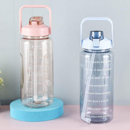 2L Water Bottle Straw Cup Motivational Drink Flask With Time Markings Sports Gym - Blue - Factory Direct Shop