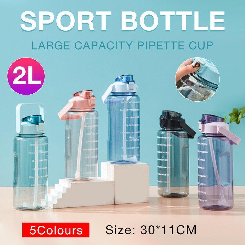 2L Water Bottle Straw Cup Motivational Drink Flask With Time Markings Sports Gym - Purple - Factory Direct Shop