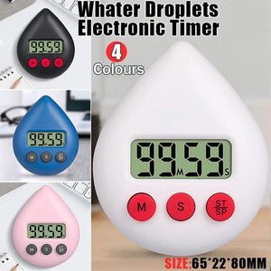 Digital timer shaped like a water droplet in various colors with digital display and buttons.
