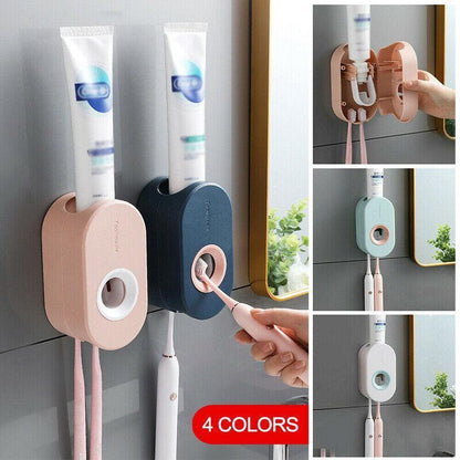 Automatic Toothpaste Dispenser Bathroom Wall-Mounted Rack Toothbrush Holder - White