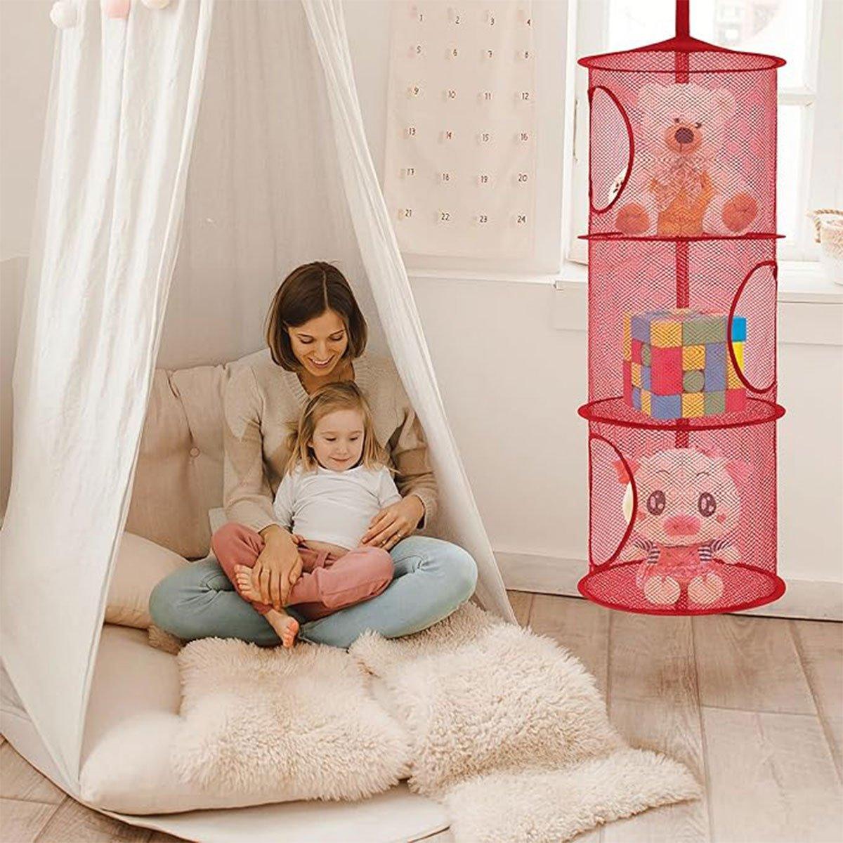 Foldable Clothes Drying Basket Three-layer Hanging Storage Breathable Organizer - Blue