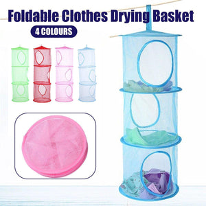 Foldable Clothes Drying Basket Three-layer Hanging Storage Breathable Organizer - Pink
