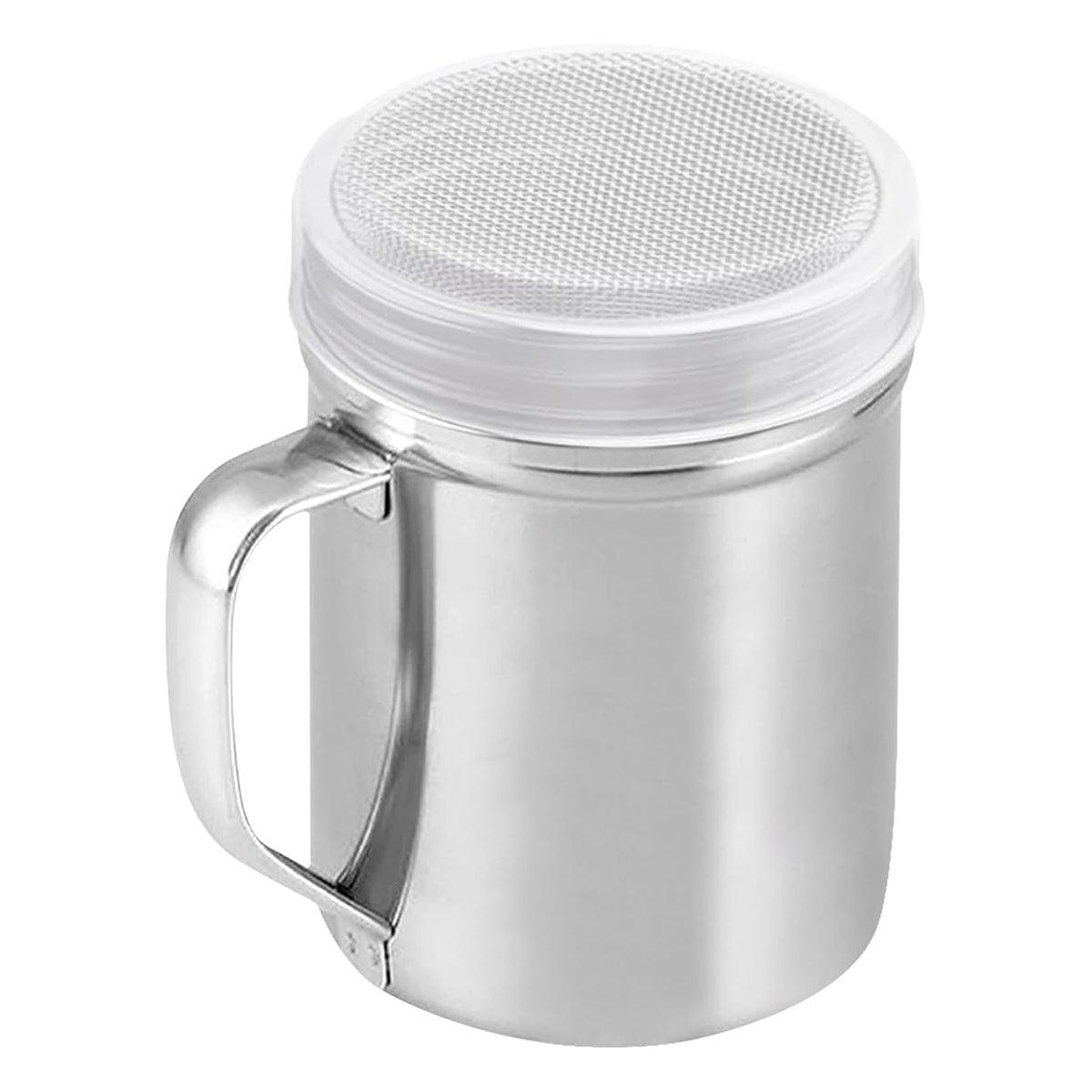 Stainless steel mug with handle and mesh lid on a white background