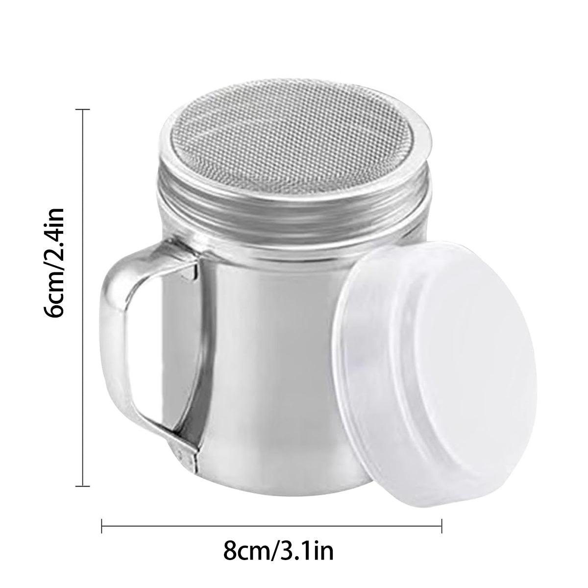 Silver metal mug with handle and mesh lid, showing dimensions on a white background