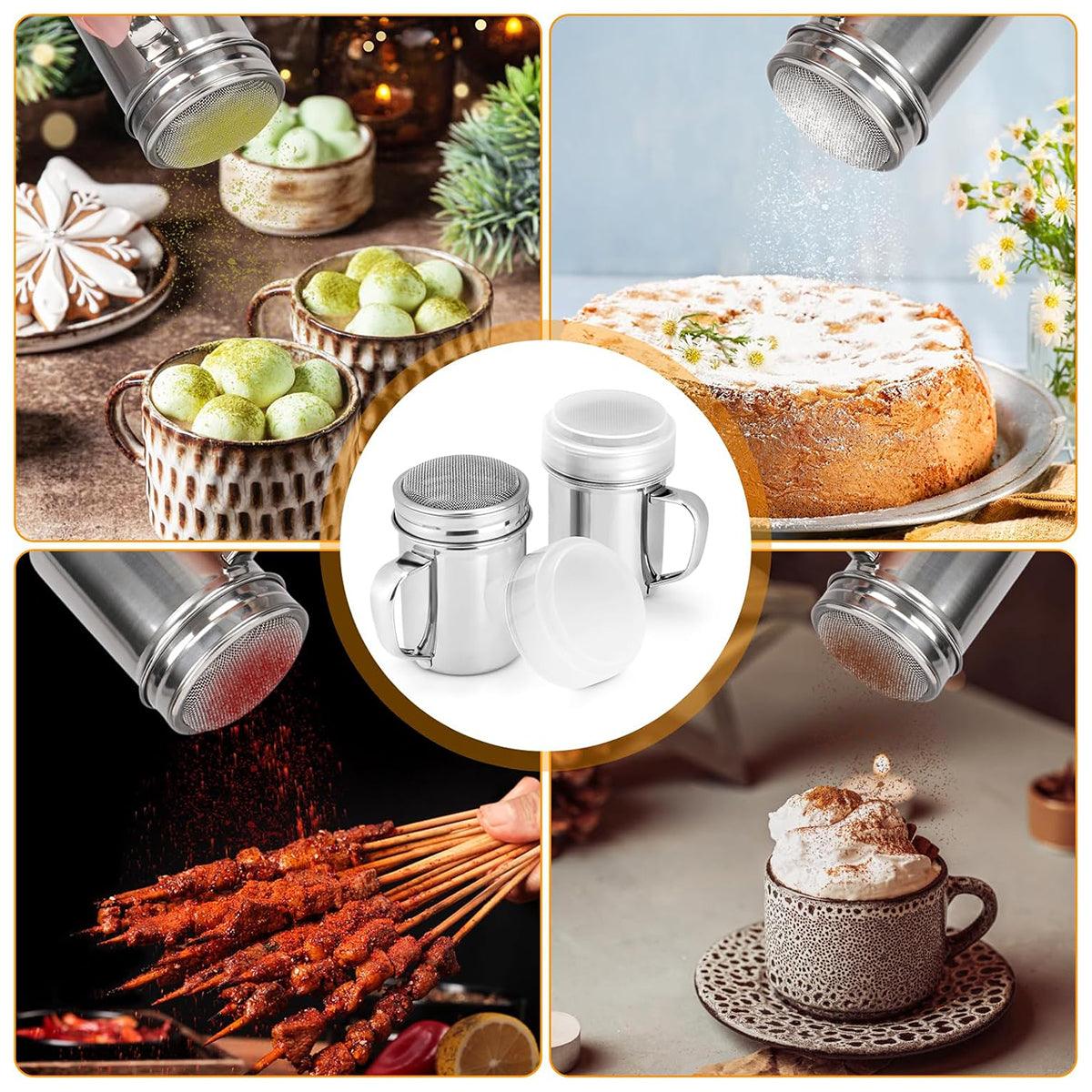 Collage of a metal shaker being used on various food items including cookies, cake, and skewers.
