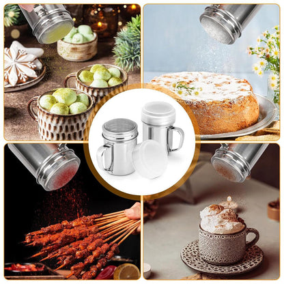 Collage of a metal shaker being used on various food items including cookies, cake, and skewers.