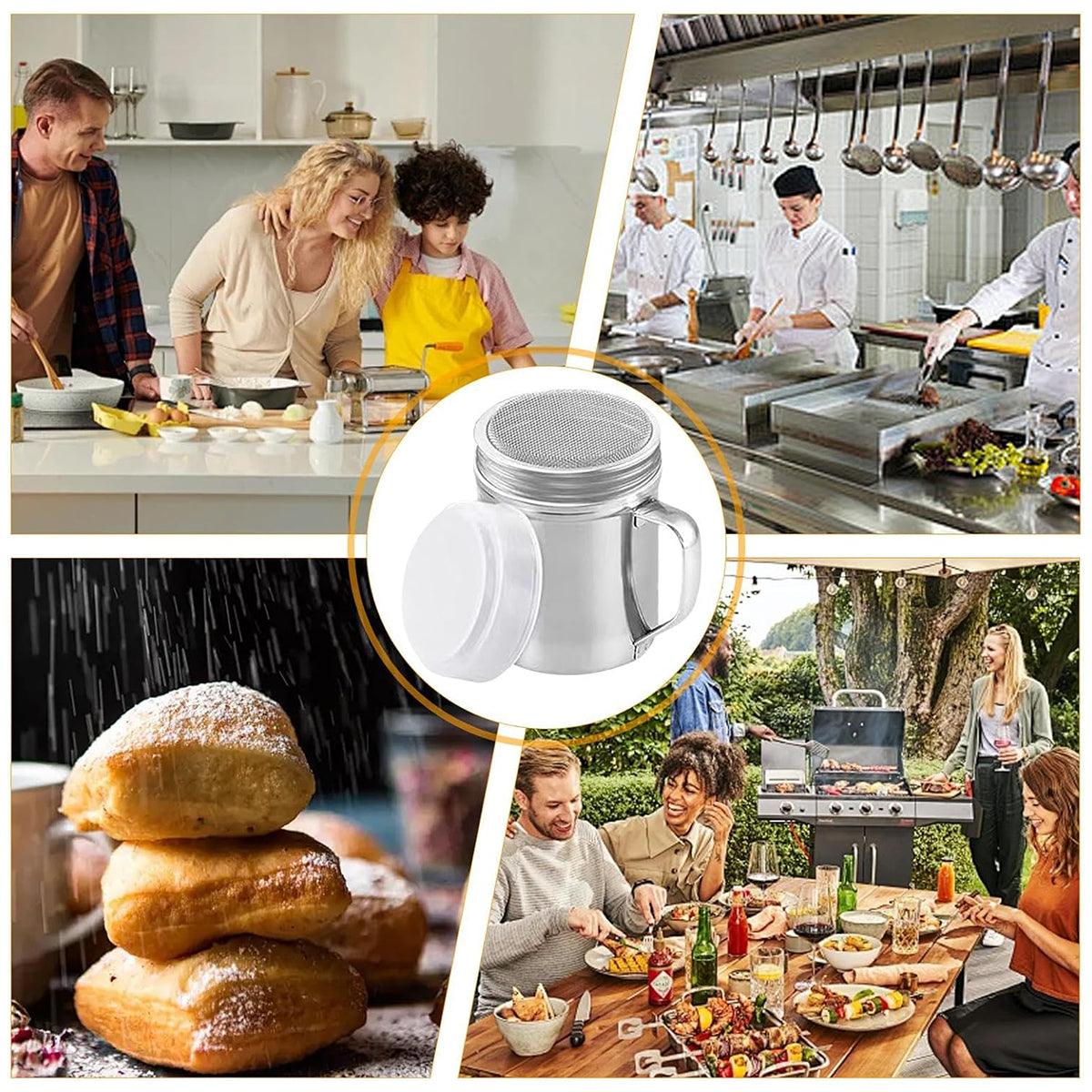 Collage of various scenes including a family in a kitchen, chefs in a professional kitchen, a metal mesh strainer, a stack of donuts, and people dining outdoors.