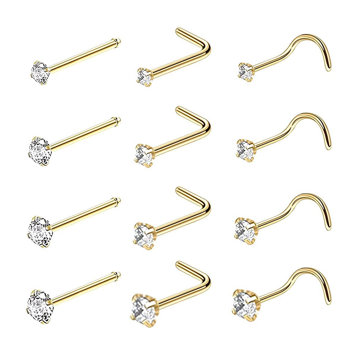 Stainless Steel Nosepiece with Gold Nose Stud Stylish Piercing Jewellery Women - L-Shaped Rod-2mm