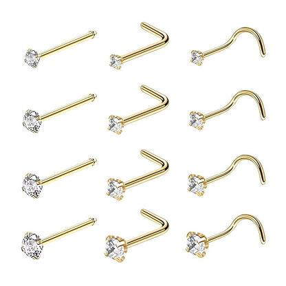 Stainless Steel Nosepiece with Gold Nose Stud Stylish Piercing Jewellery Women - S-Shaped Rod-3mm