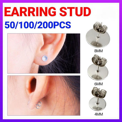 50/100/200PCS Earring Stud Posts Pads+Nut Backs Silvery Surgical Steel DIY Craft 8MM - 50PCS (50xpads&50xbacks)