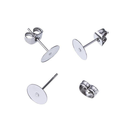 50/100/200PCS Earring Stud Posts Pads+Nut Backs Silvery Surgical Steel DIY Craft 8MM - 50PCS (50xpads&50xbacks)
