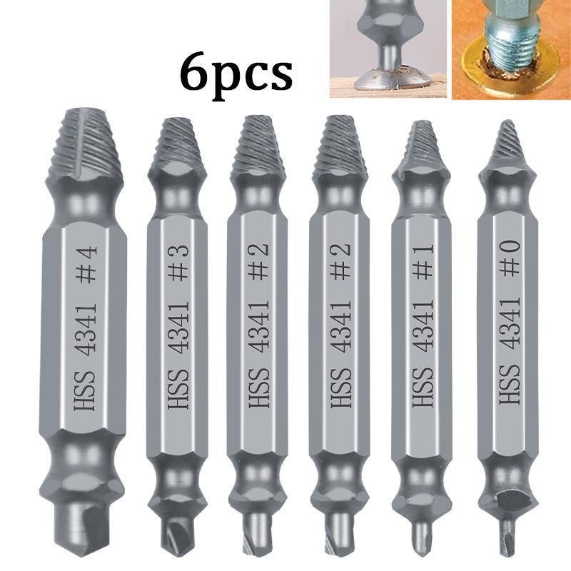 Set of six metal drill bits with different numbers on a white background