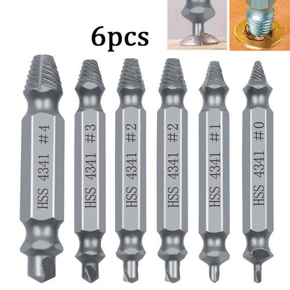 Set of six metal drill bits with different numbers on a white background