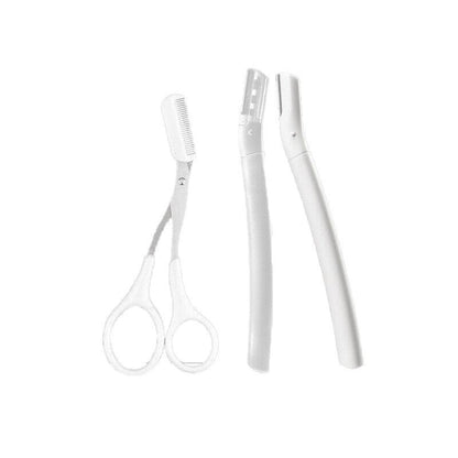 3Pcs Eyebrow Razor Set Facial Trimmer Shaver Blade Hair Remover Beauty Tool - White+Clear Eyebrow Razor+Scissor