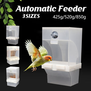 Automatic bird feeder with a bird illustration and text indicating different weight capacities on a black background.