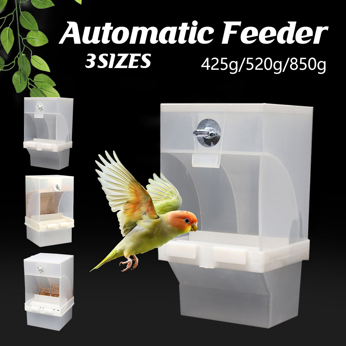 Automatic bird feeder with a bird illustration and text indicating different weight capacities on a black background.