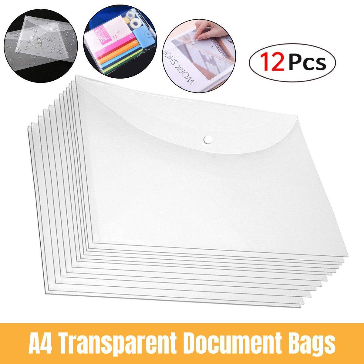 Stack of A4 transparent document bags with '12 Pcs' label and product usage examples.