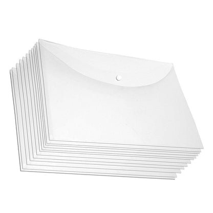 Stack of clear plastic document holders on a white background