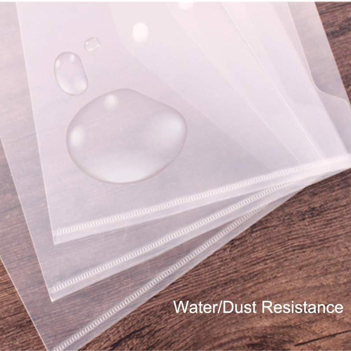 Clear protective film with water droplets on a wooden surface, labeled 'Water/Dust Resistance'.