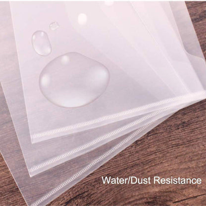Clear protective film with water droplets on a wooden surface, labeled 'Water/Dust Resistance'.