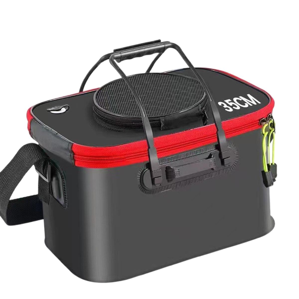 Black and red Live Bait Bucket with a lid open on a white background