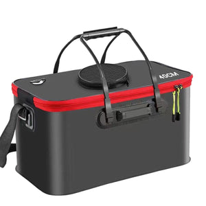 Black and red Live Bait Bucket with handle and shoulder strap on a white background