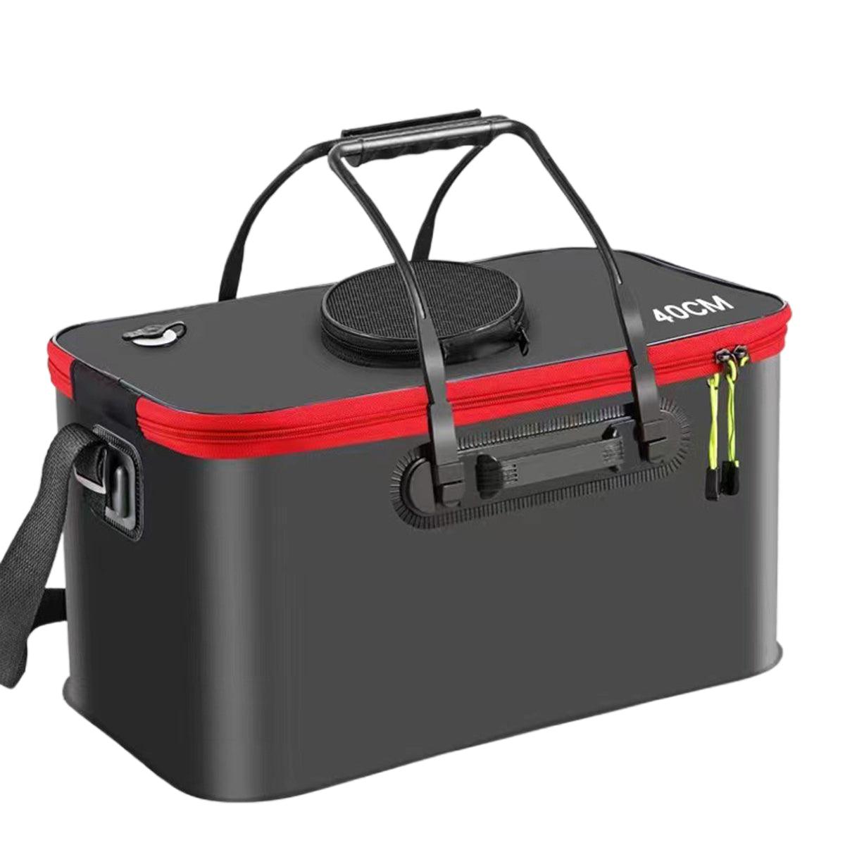 Black and red Live Bait Bucket with handle and shoulder strap on a white background
