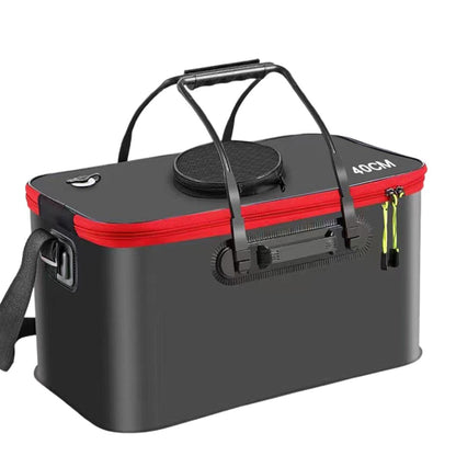 Black and red Live Bait Bucket with handle and shoulder strap on a white background