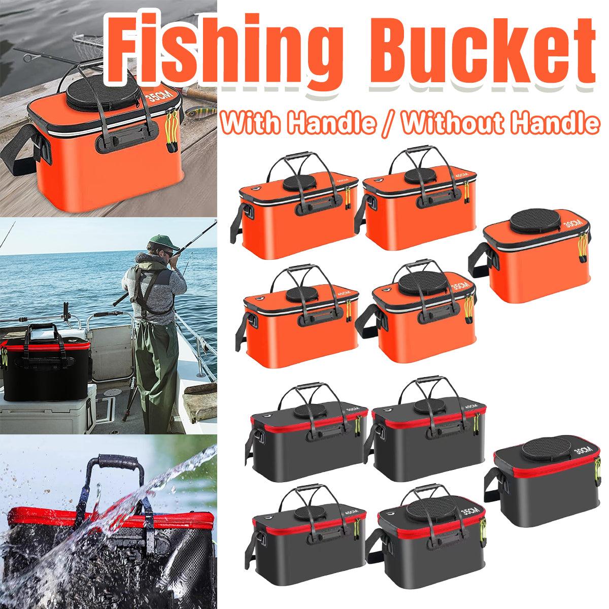 Live Bait Bucket with handle and without handle shown in various angles and settings.